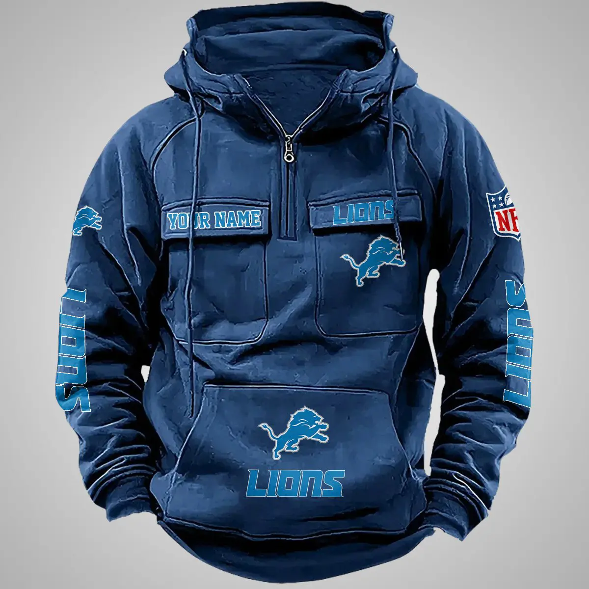 Detroit Lions New Personalized Multi Pockets Zip Hoodie AMCMZHD000102