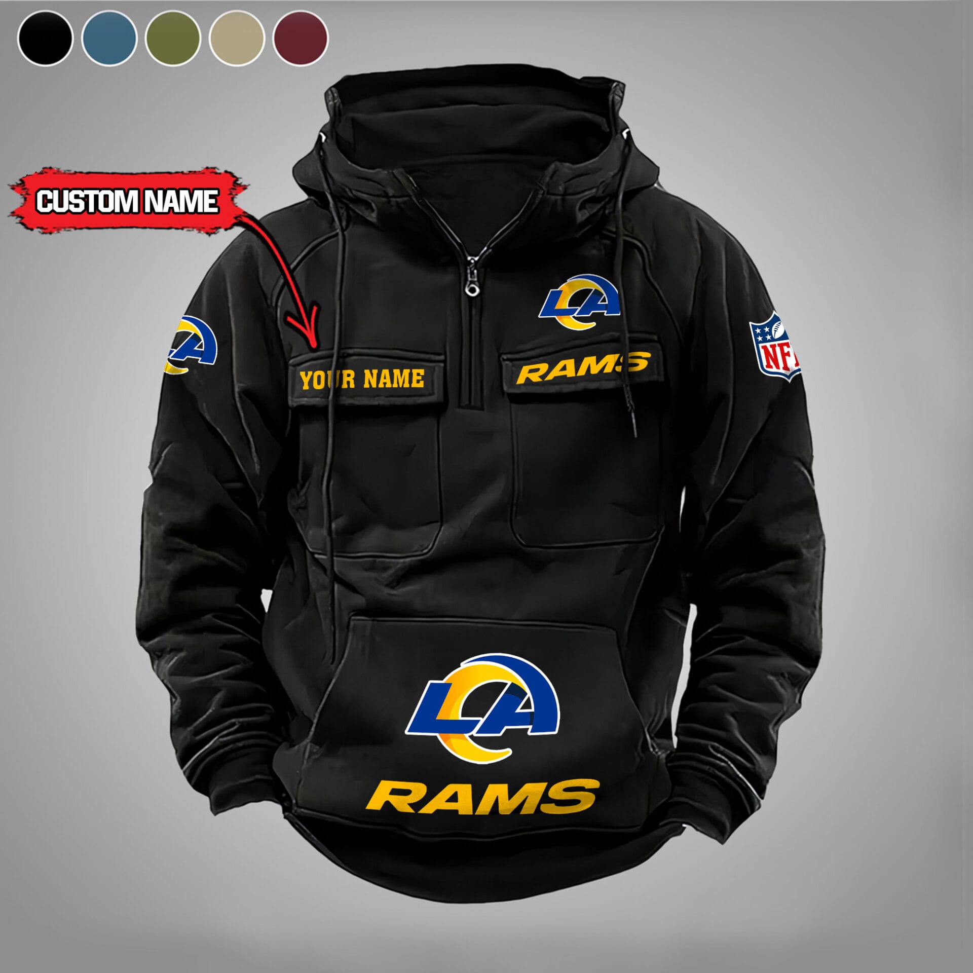 Los Angeles Rams New Personalized Multi Pockets Zip Hoodie AMCMZHD000002