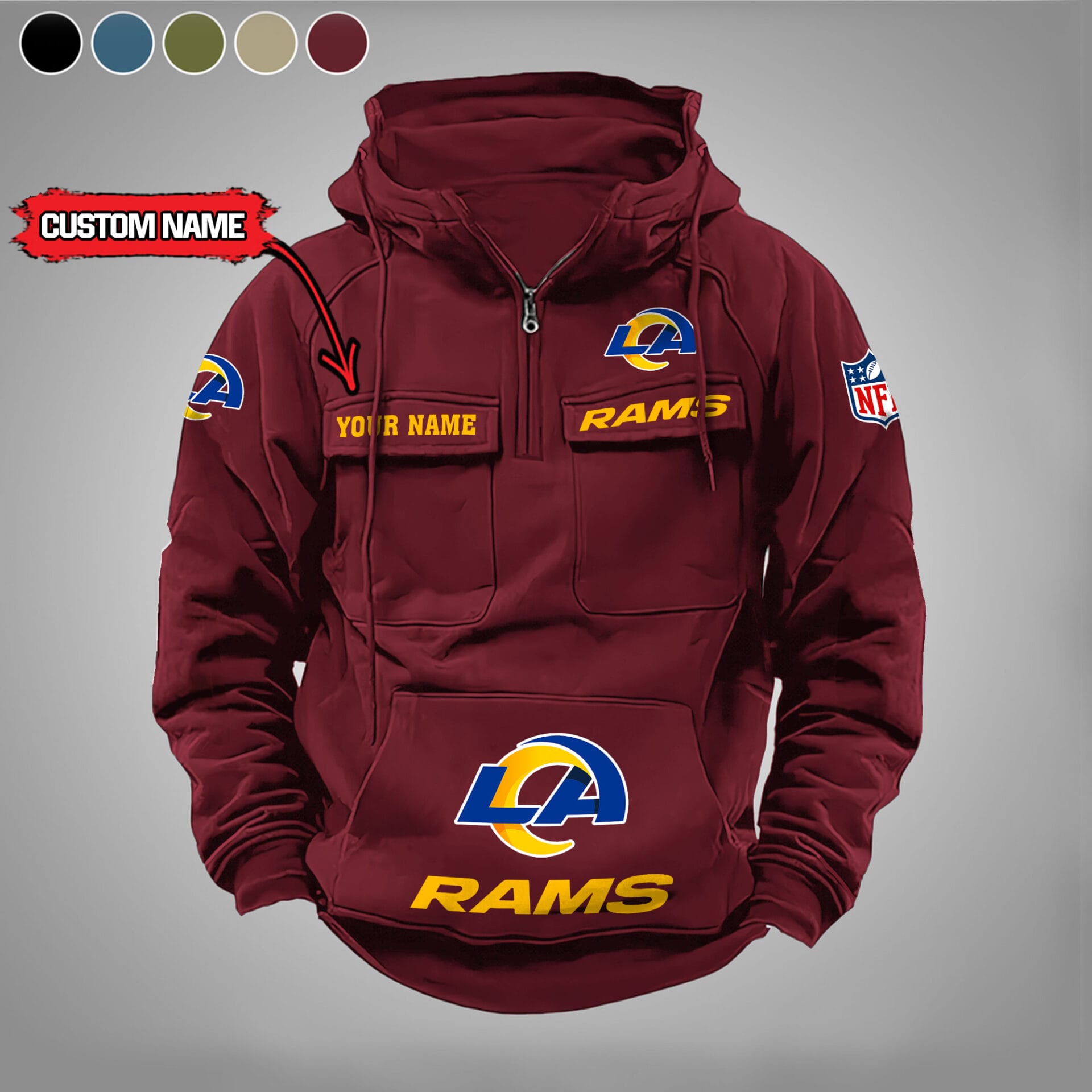 Los Angeles Rams New Personalized Multi Pockets Zip Hoodie AMCMZHD000002 - Image 2