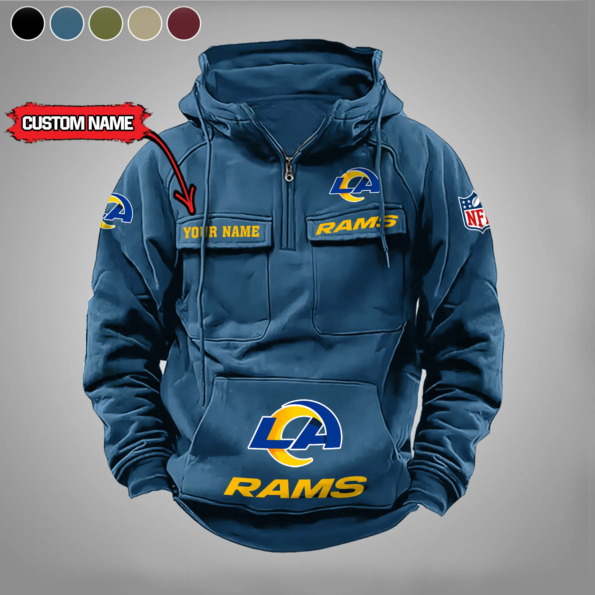 Los Angeles Rams New Personalized Multi Pockets Zip Hoodie AMCMZHD000002 - Image 3