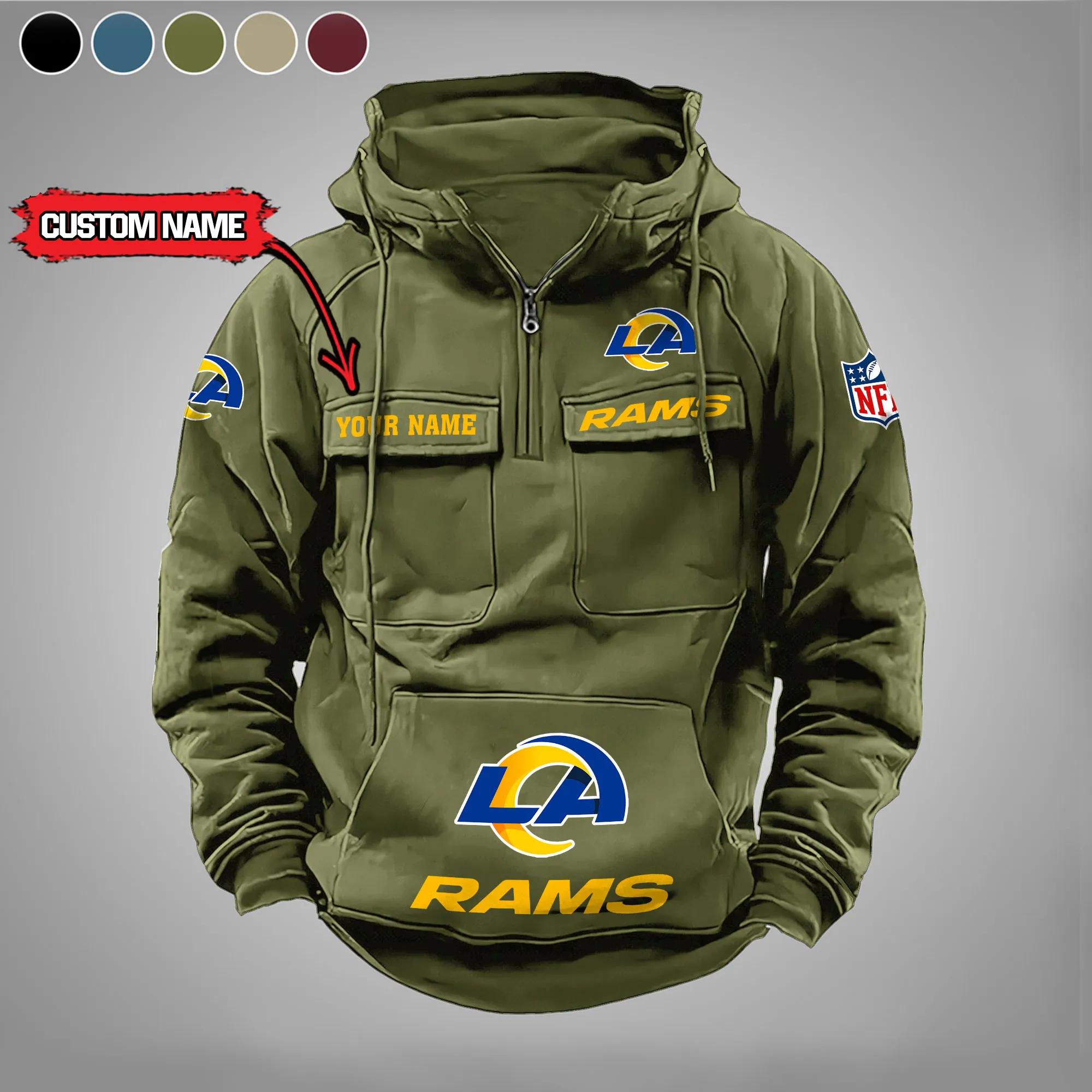 Los Angeles Rams New Personalized Multi Pockets Zip Hoodie AMCMZHD000002 - Image 4