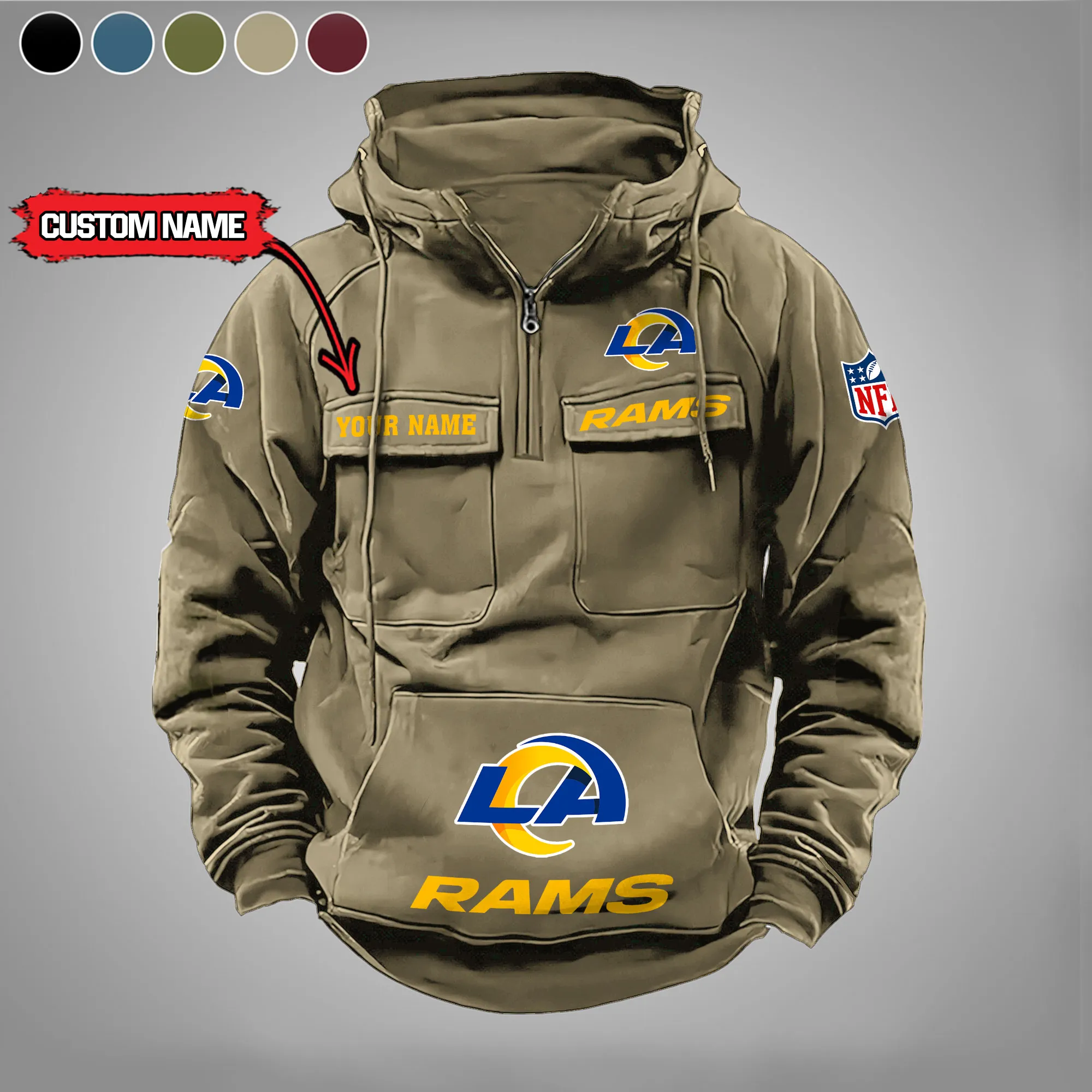 Los Angeles Rams New Personalized Multi Pockets Zip Hoodie AMCMZHD000002 - Image 5