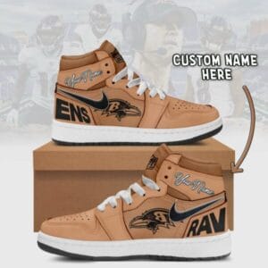 Baltimore Ravens Limited Edition Brown High Air Jordan 1 Sneakers with Custom Name AMCAJ1SEW000062