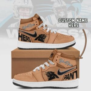 Carolina Panthers Limited Edition Brown High Air Jordan 1 Sneakers with Custom Name AMCAJ1SEW000059