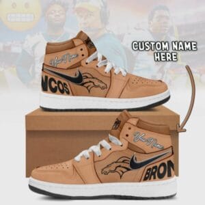 Denver Broncos Limited Edition Brown High Air Jordan 1 Sneakers with Custom Name AMCAJ1SEW000035