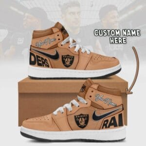 Las Vegas Raiders Limited Edition Brown High Air Jordan 1 Sneakers with Custom Name AMCAJ1SEW000052