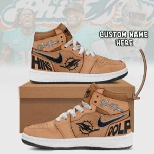 Miami Dolphins Limited Edition Brown High Air Jordan 1 Sneakers with Custom Name AMCAJ1SEW000049