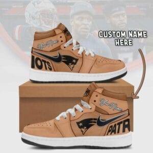 New England Patriots Limited Edition Brown High Air Jordan 1 Sneakers with Custom Name AMCAJ1SEW000047