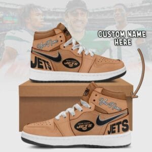 New York Jets Limited Edition Brown High Air Jordan 1 Sneakers with Custom Name AMCAJ1SEW000044