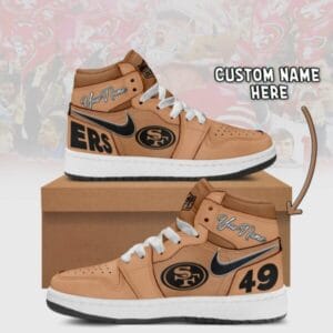San Francisco 49ers Limited Edition Brown High Air Jordan 1 Sneakers with Custom Name AMCAJ1SEW000039