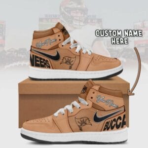 Tampa Bay Buccaneers Limited Edition Brown High Air Jordan 1 Sneakers with Custom Name AMCAJ1SEW000036