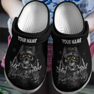 Baltimore Ravens Football Team US Skull Art Clogs Shoes Custom Name Gift For Fan AMCACS000094