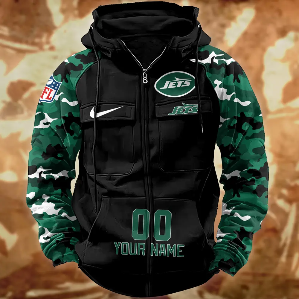 New York Jets Hot Camouflage Multi Pockets Zip Hoodie AMCCLG001170