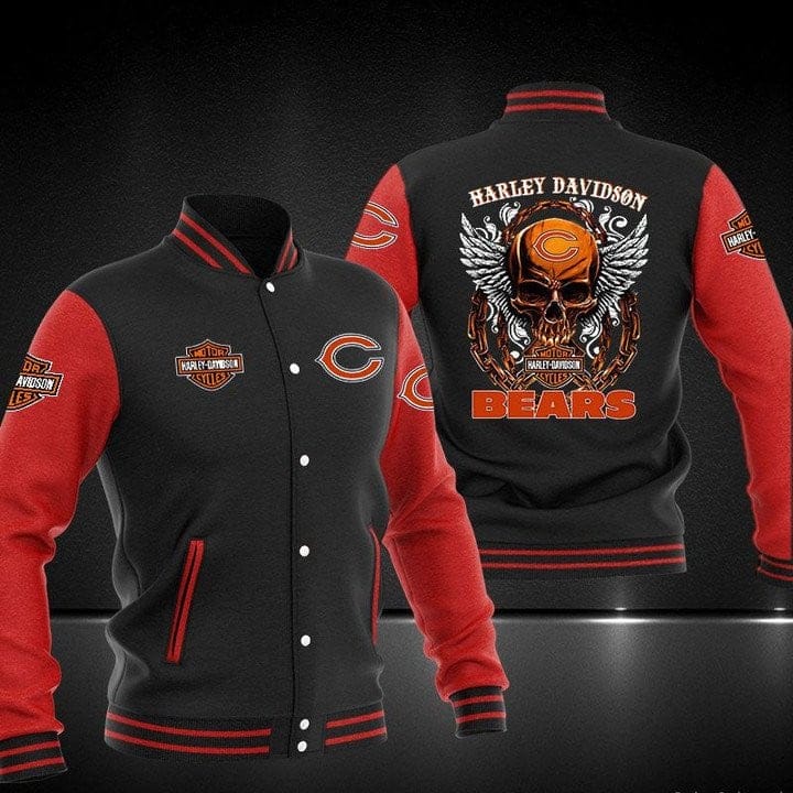 Harley Davidson x NFL Team Chicago Bears Baseball Jacket AMCCLG001274 Black Red