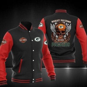 Harley Davidson x NFL Team Green Bay Packers Baseball Jacket AMCCLG001275 Black Red