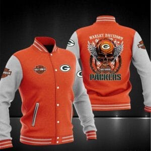 Harley Davidson x NFL Team Green Bay Packers Baseball Jacket AMCCLG001275 Orange Grey