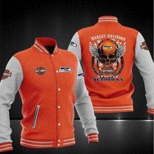 Harley Davidson x NFL Team Seattle Seahawks Baseball Jacket AMCCLG001278 Orange Skull