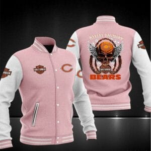 Harley Davidson x NFL Team Chicago Bears Baseball Jacket AMCCLG001274 Pink Grey