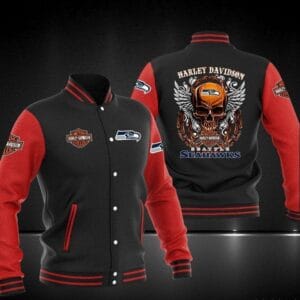 Harley Davidson x NFL Team Seattle Seahawks Baseball Jacket AMCCLG001278 Black Red Skull