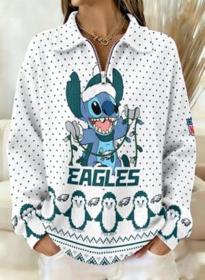 Philadelphia Eagles x Stitch 2025 Edition Quarter Zip Corduroy Sweatshirt for Christmas AMCCLG001423