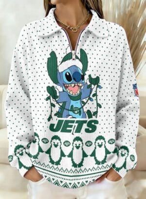 New York Jets x Stitch 2025 Edition Quarter Zip Corduroy Sweatshirt for Christmas AMCCLG001434