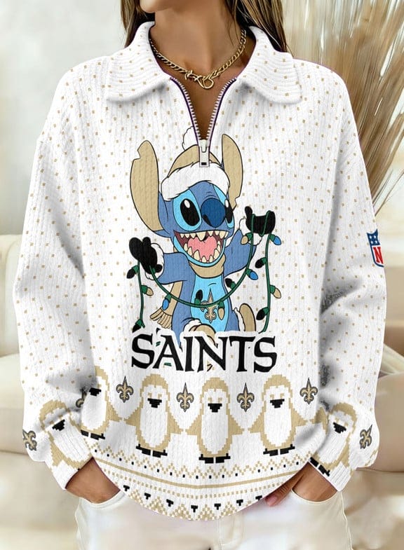 New Orleans Saints x Stitch 2025 Edition Quarter Zip Corduroy Sweatshirt for Christmas AMCCLG001422