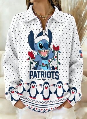 New England Patriots x Stitch 2025 Edition Quarter Zip Corduroy Sweatshirt for Christmas AMCCLG001431