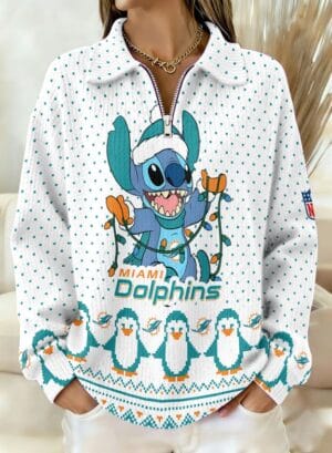 Miami Dolphins x Stitch 2025 Edition Quarter Zip Corduroy Sweatshirt for Christmas AMCCLG001435