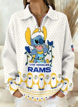 Los Angeles Rams x Stitch 2025 Edition Quarter Zip Corduroy Sweatshirt for Christmas AMCCLG001411