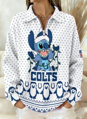 Indianapolis Colts x Stitch 2025 Edition Quarter Zip Corduroy Sweatshirt for Christmas AMCCLG001420