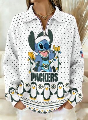 Green Bay Packers x Stitch 2025 Edition Quarter Zip Corduroy Sweatshirt for Christmas AMCCLG001416