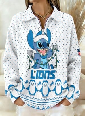Detroit Lions x Stitch 2025 Edition Quarter Zip Corduroy Sweatshirt for Christmas AMCCLG001427