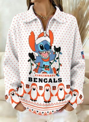 Cincinnati Bengals x Stitch 2025 Edition Quarter Zip Corduroy Sweatshirt for Christmas AMCCLG001419