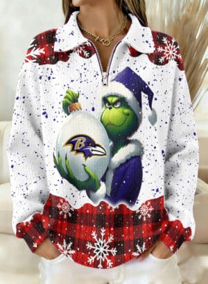 Baltimore Ravens x The Grinch 2025 Edition Quarter Zip Corduroy Sweatshirt for Christmas AMCCLG001377