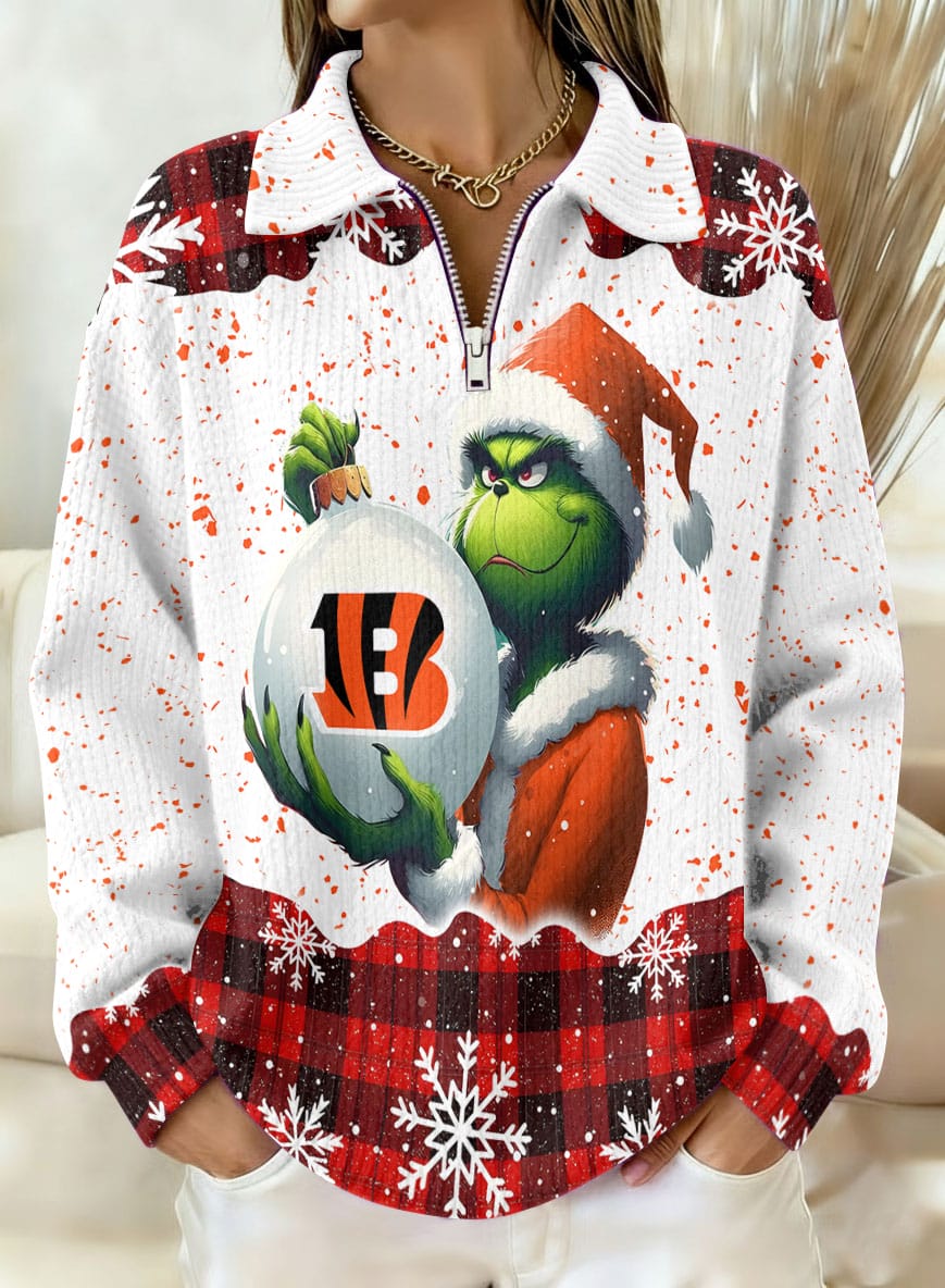 Cincinnati Bengals x The Grinch 2025 Edition Quarter Zip Corduroy Sweatshirt for Christmas AMCCLG001388