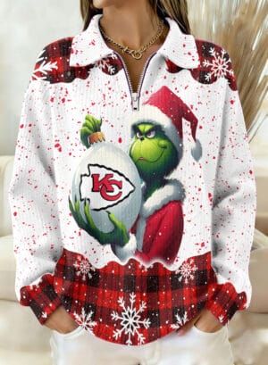 Kansas City Chiefs x The Grinch 2025 Edition Quarter Zip Corduroy Sweatshirt for Christmas AMCCLG001390