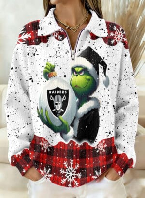 Las Vegas Raiders x The Grinch 2025 Edition Quarter Zip Corduroy Sweatshirt for Christmas AMCCLG001386