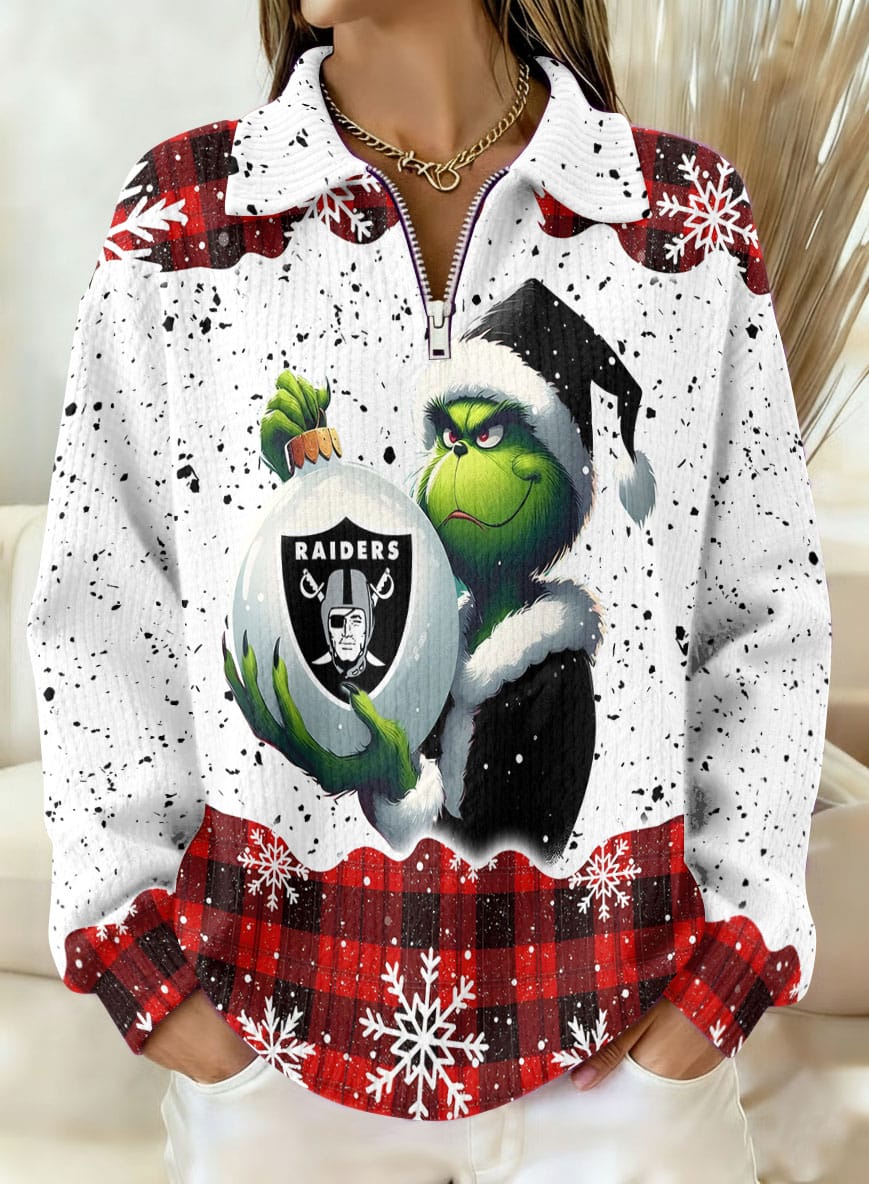 Las Vegas Raiders x The Grinch 2025 Edition Quarter Zip Corduroy Sweatshirt for Christmas AMCCLG001386