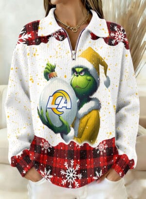 Los Angeles Rams x The Grinch 2025 Edition Quarter Zip Corduroy Sweatshirt for Christmas AMCCLG001379