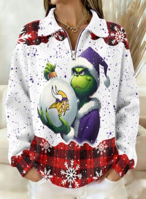 Minnesota Vikings x The Grinch 2025 Edition Quarter Zip Corduroy Sweatshirt for Christmas AMCCLG001387