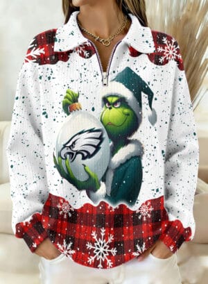 Philadelphia Eagles x The Grinch 2025 Edition Quarter Zip Corduroy Sweatshirt for Christmas AMCCLG001392