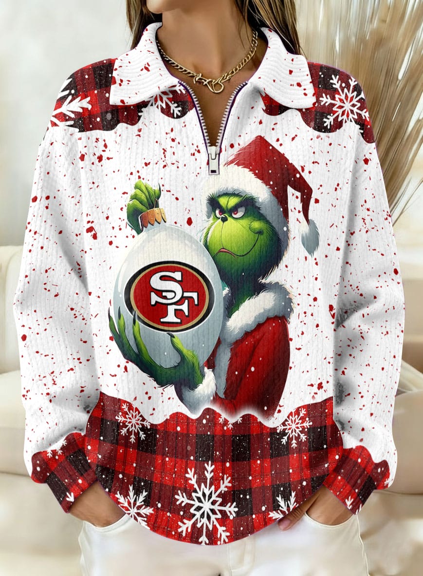 San Francisco 49ers x The Grinch 2025 Edition Quarter Zip Corduroy Sweatshirt for Christmas AMCCLG001394