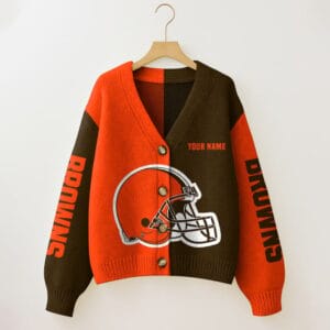 Cleveland Browns Oversized V-Neck Knit Cardigan Custom Any Name AMCCLG001656