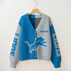 Detroit Lions Oversized V-Neck Knit Cardigan Custom Any Name AMCCLG001659