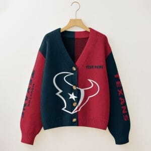 Houston Texans Oversized V-Neck Knit Cardigan Custom Any Name AMCCLG001661