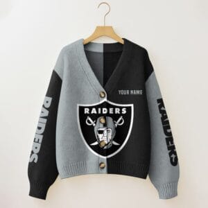Las Vegas Raiders Oversized V-Neck Knit Cardigan Custom Any Name AMCCLG001665