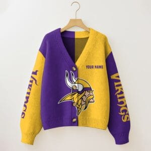 Minnesota Vikings Oversized V-Neck Knit Cardigan Custom Any Name AMCCLG001669