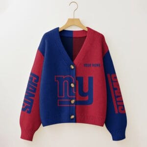 New York Giants Oversized V-Neck Knit Cardigan Custom Any Name AMCCLG001672
