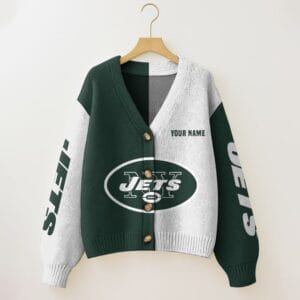 New York Jets Oversized V-Neck Knit Cardigan Custom Any Name AMCCLG001673