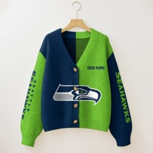 Seattle Seahawks Oversized V-Neck Knit Cardigan Custom Any Name AMCCLG001677